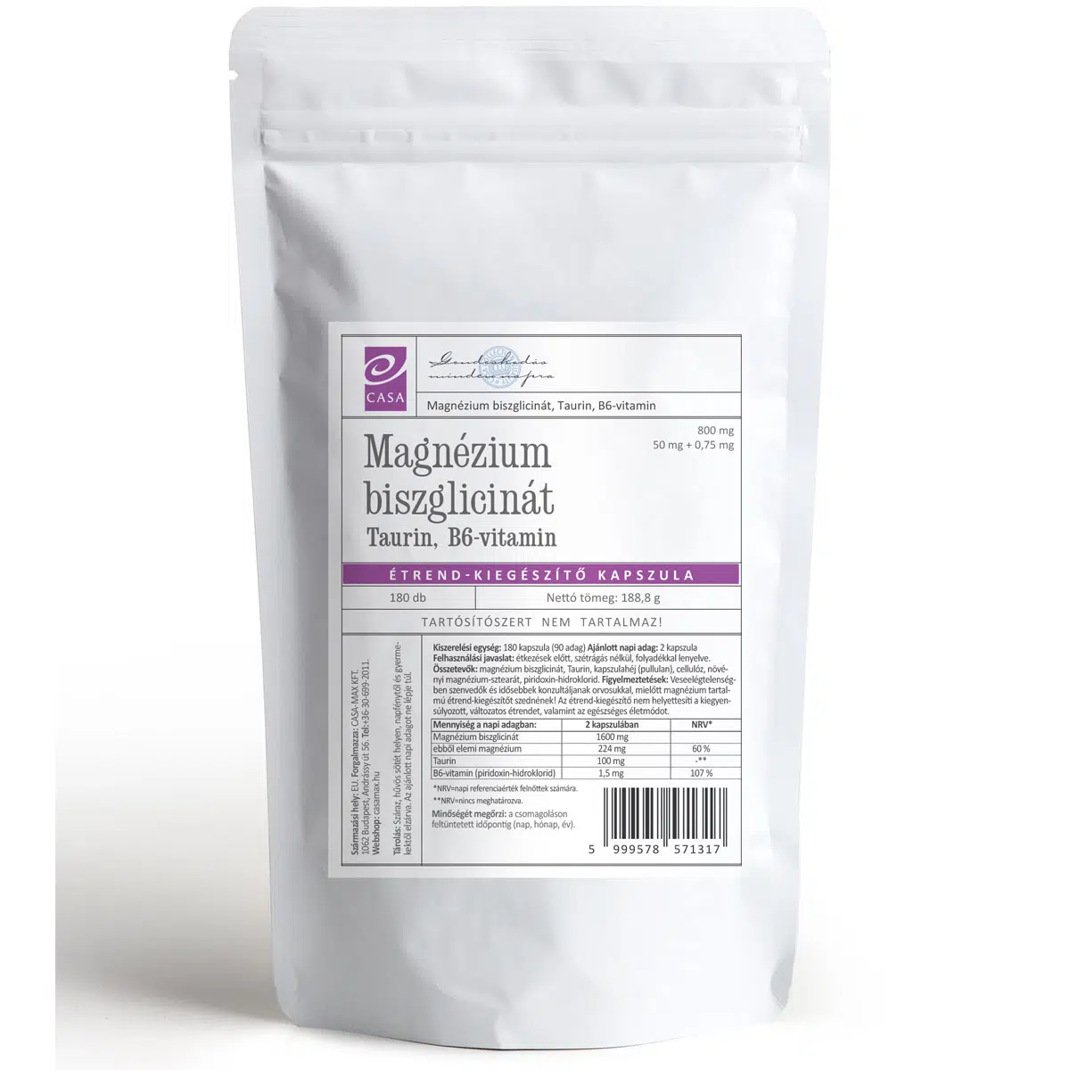 CASA Magnézium Biszglicinát,Taurin,B6-vitamin kapszula 180 db